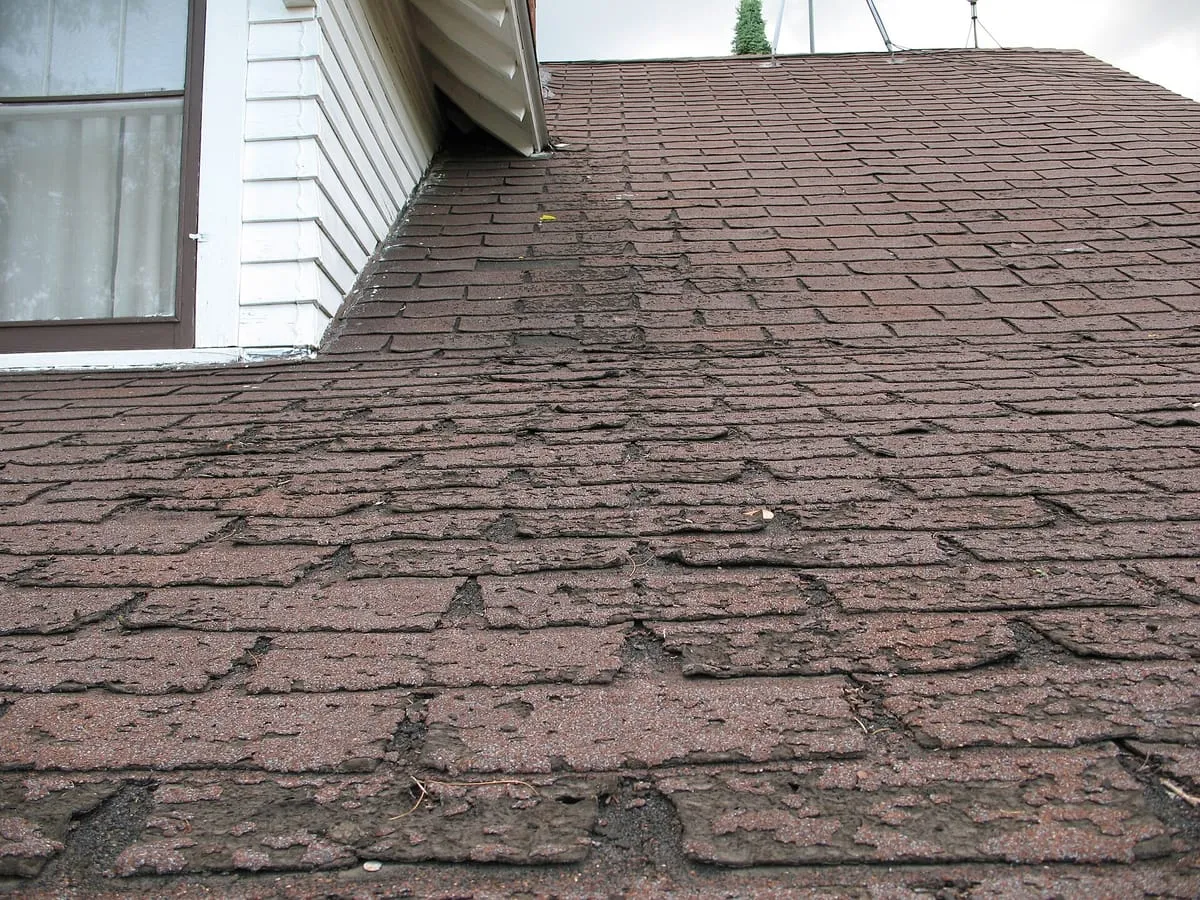 Weathered asphalt shingles on a steep roof, most worn along the lower edge