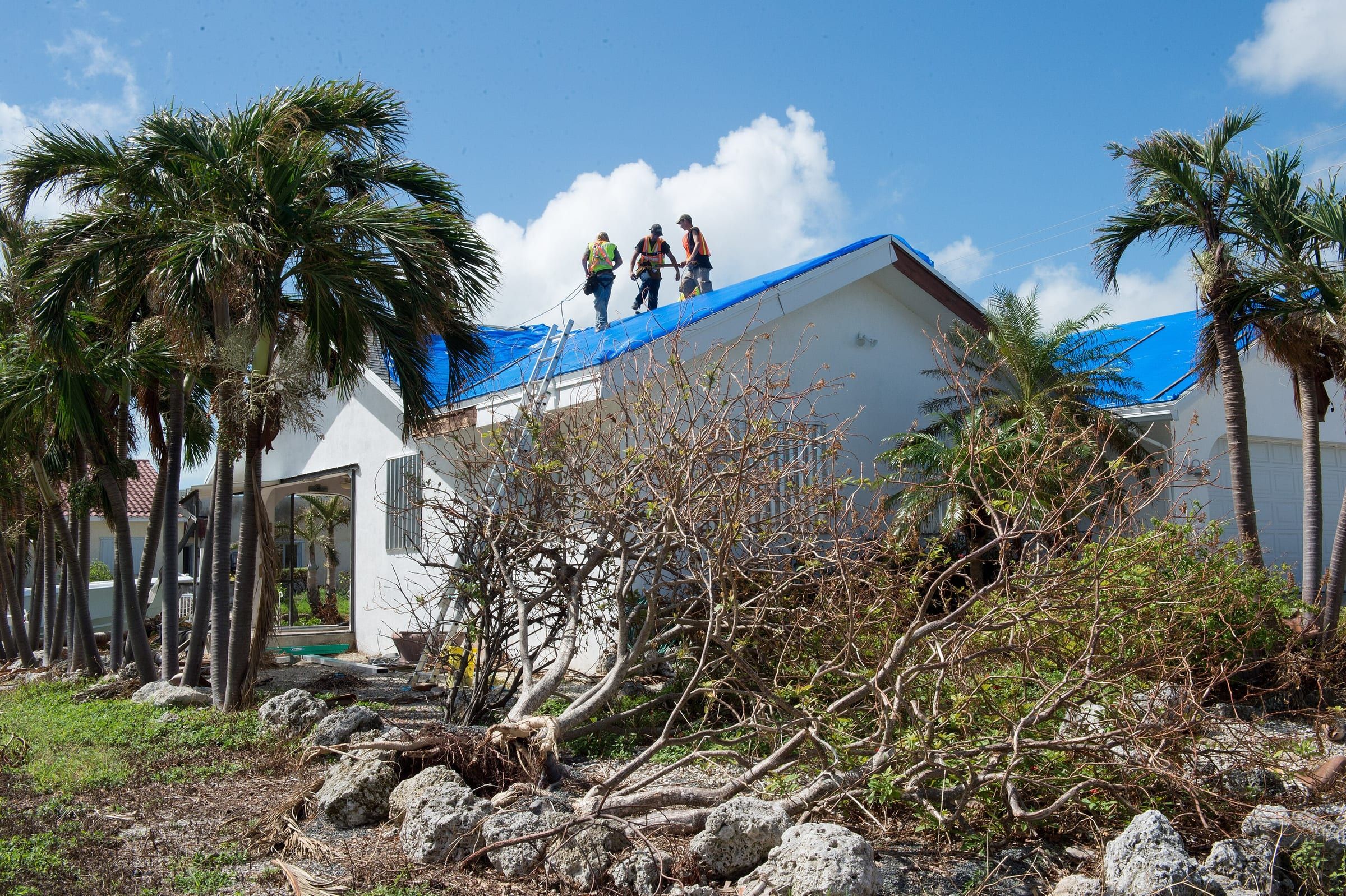 Three workers in safety vests on the tarped roof of a white house among palm trees