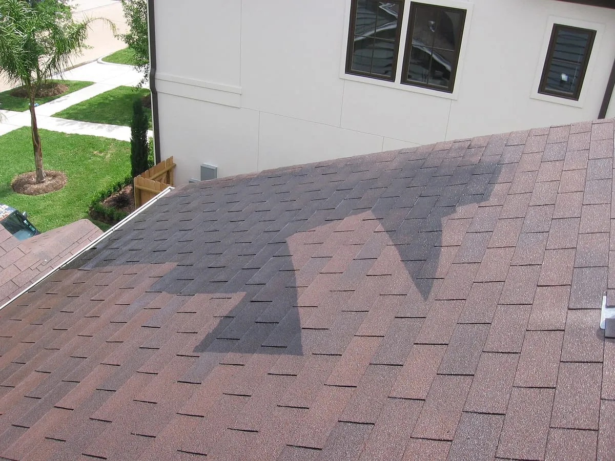 Asphalt shingle roof partway through cleaning, with a darker band across the shingles